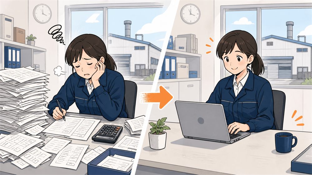 山積みの書類に困っていた事務の人が、自動化のあとに笑顔で仕事をしているイラスト