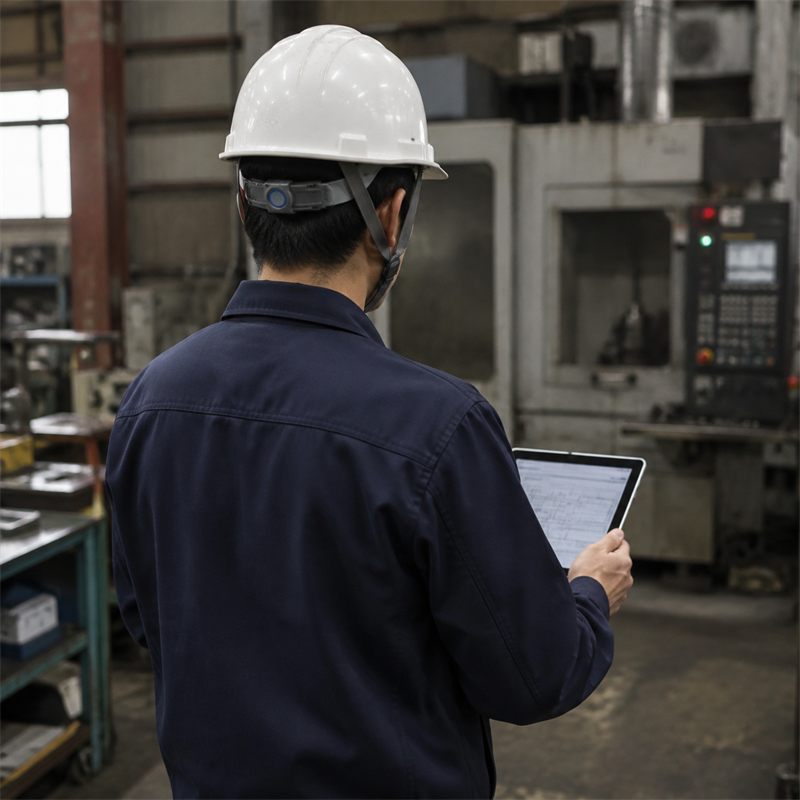 工場でタブレットを確認する作業服姿の後ろ姿